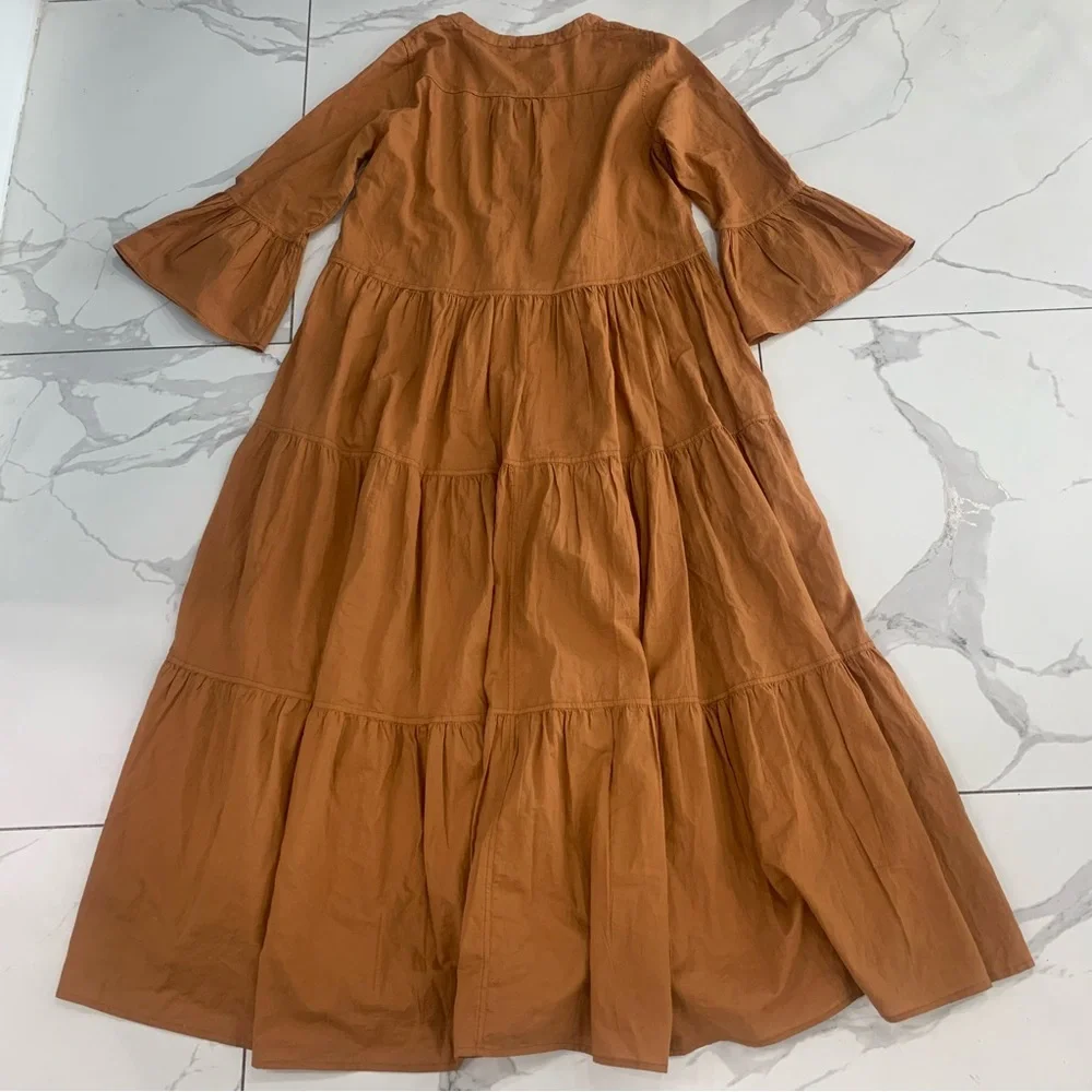Devotion Twins Ella Maxi Dress Sz XS Fall Rust Brown Bell  Sleeve Flare V Neck